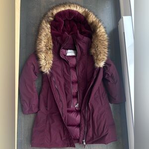 Babaton Maroon Julian Parka Coat with Faux Fur Trim Goode Down Size Small